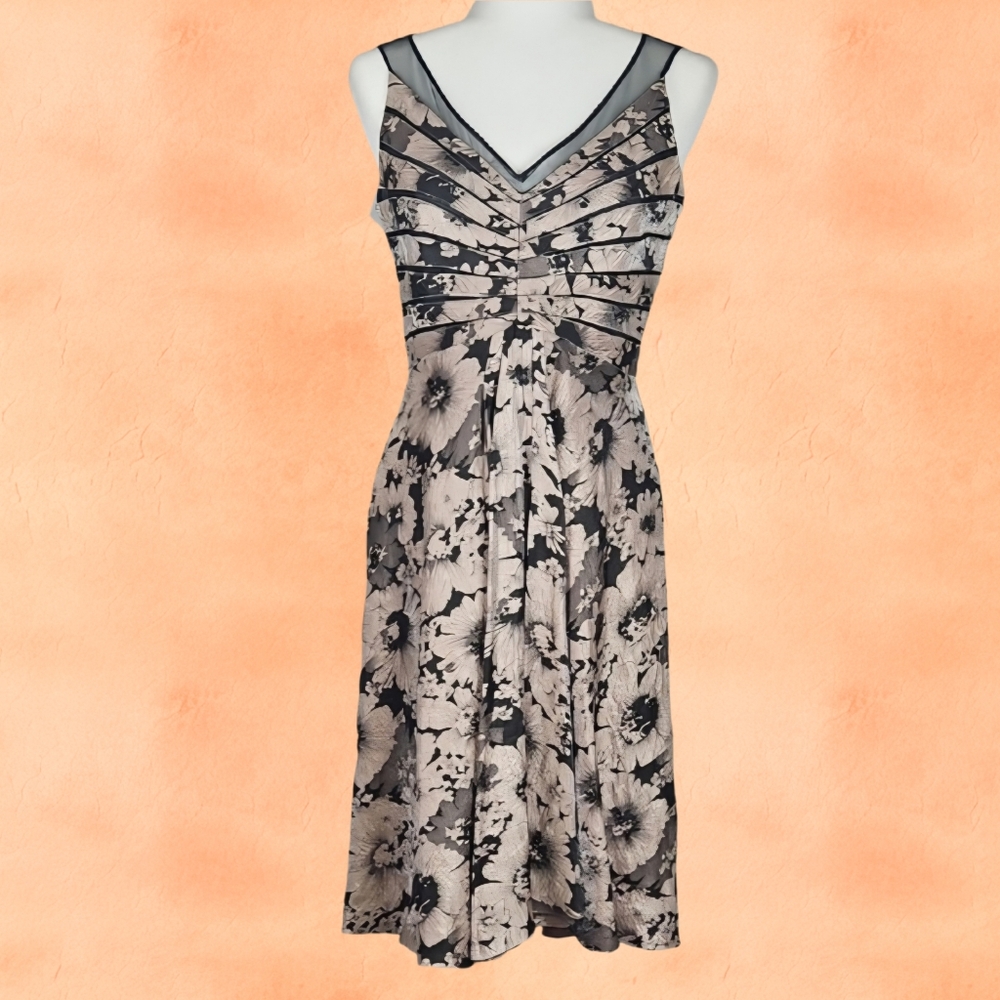 Adrianna Papell Whimsigoth Black and Cream Floral Midi Dress with Mesh Detail - Picture 2 of 8